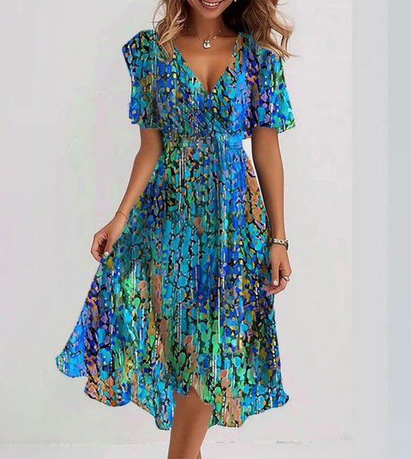 Charlotte - Blue Midi Dress with Short Sleeves