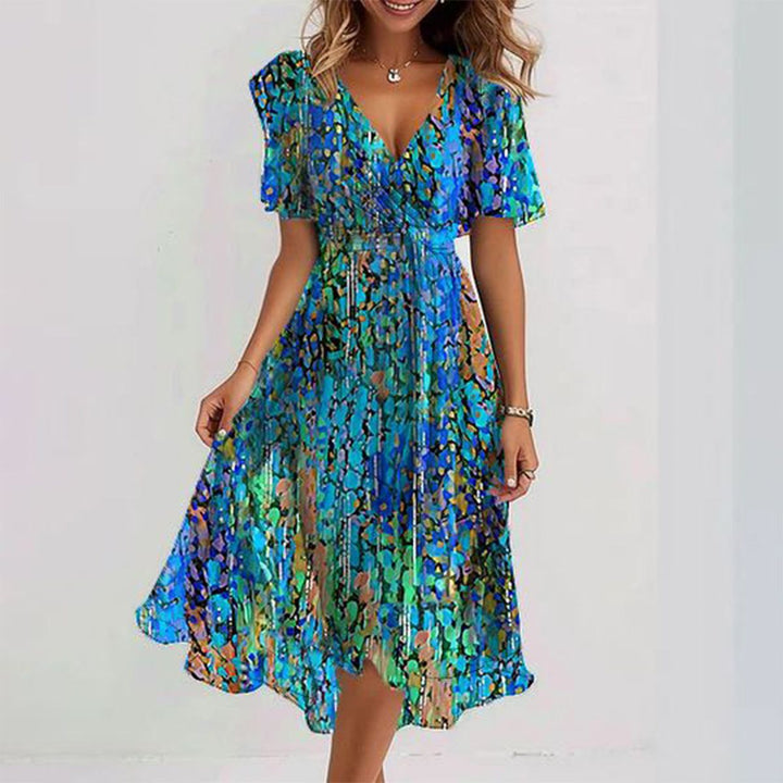 Charlotte - Blue Midi Dress with Short Sleeves